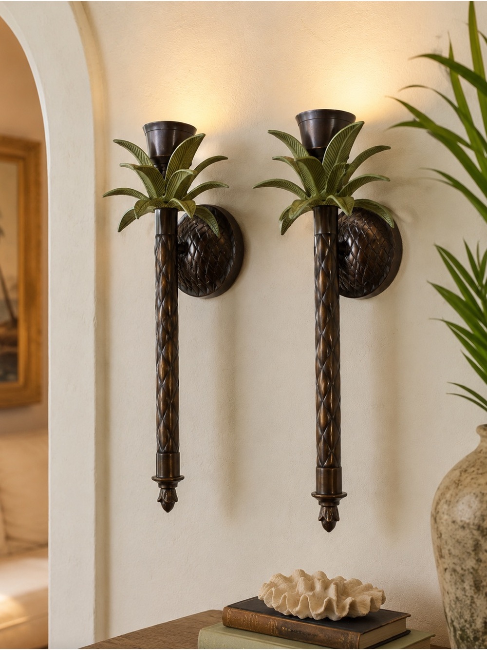 Botanical Palm Wall Hooks Pair – Green & Bronze Finish